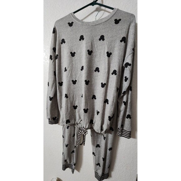 Disney Mickey Mouse Pajama PJ Set Womens Small Gray Tapered Stretch Pockets Tie - Picture 1 of 5